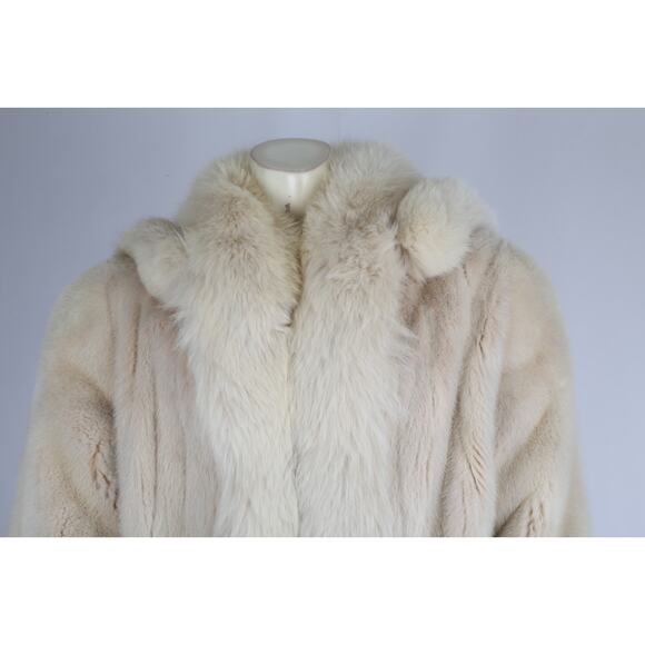 Vintage Ivory Mink Fur Long Hooded Winter Coat Full Plush Luxury Warm Size S - Picture 7 of 16